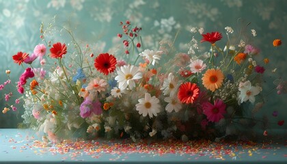 Vibrant wildflower garden wallpaper featuring colorful daisies and minimalist floral exhibition with playful confetti accents