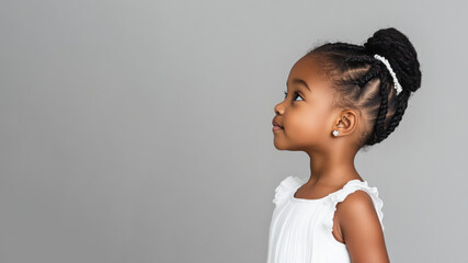 Wall Mural - Side view of African little girl wearing white dress isolated on gray