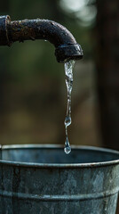 Water dripping from broken faucet into metal bucket creates serene yet melancholic scene, highlighting beauty of natures elements