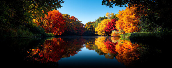 Vibrant autumn foliage reflects on a serene lake under a clear blue sky, showcasing nature's stunning seasonal beauty.