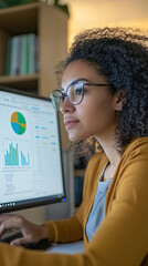 Poster - Woman analyzing data on computer screen, focused on graphs and statistics. She wears glasses and has curly hair, showcasing professional environment