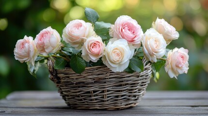 Wall Mural - A mix of pink and white roses in a charming vintage basket, resting on a garden table, capturing the beauty of nature.