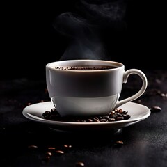 A steaming cup of coffee sits on a saucer surrounded by coffee beans, set against a dark background. Perfect for beverage, coffee culture, and cafe themes.