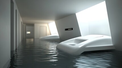 Wall Mural - A flooded hallway in a modern minimalist house with two white beds floating in the water.