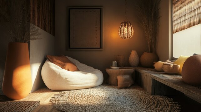 A peaceful corner with warm tones, layered textures, and soft lighting, offering a comforting embrace.