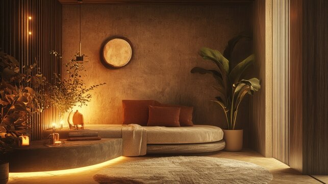 A peaceful corner with warm tones, layered textures, and soft lighting, offering a comforting embrace.