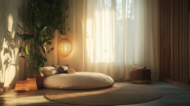 A peaceful corner with warm tones, layered textures, and soft lighting, offering a comforting embrace.