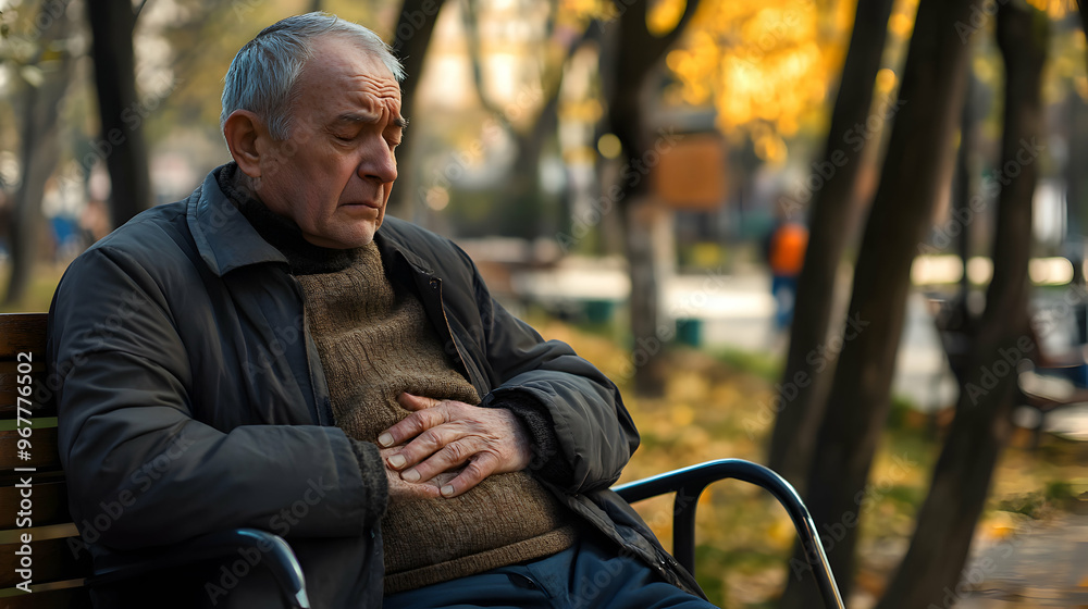 An older man sitting on a park bench with a cane beside him, his hand ...