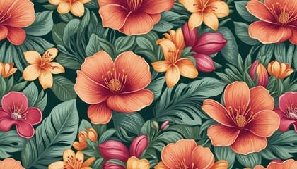 Wall Mural - Exotic style flowers background, endless floral wallpaper ,texture pattern, illustration