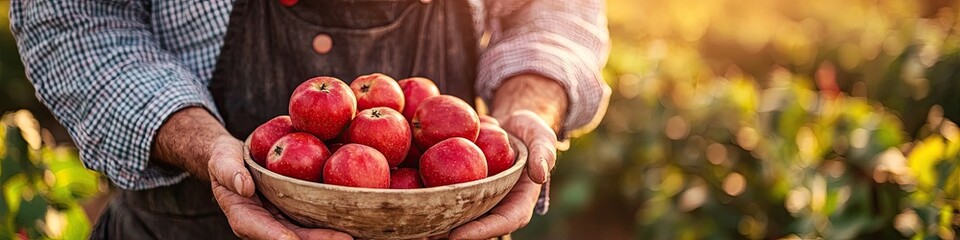 Poster - the farmer holds a bowl of apples in his hands. Selective focus