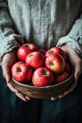 Wall Mural - the farmer holds a bowl of apples in his hands. Selective focus