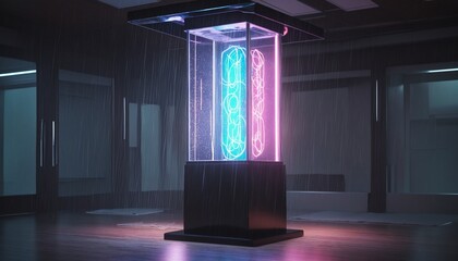 Canvas Print - Cyberpunk lightning and rain pedestal for waterproof products display presentation Illustration