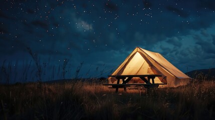 Canvas Print - Nighttime camping with wooden table under tent, ideal for product display with copy space.