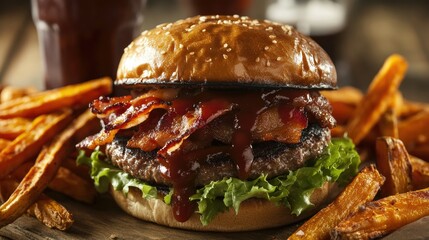 A burger topped with bacon and barbecue sauce, served with sweet potato fries and a cold drink.