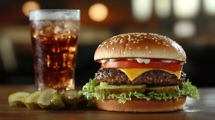 A classic cheeseburger with a juicy patty, lettuce, tomato, and pickles, served alongside an iced soda.