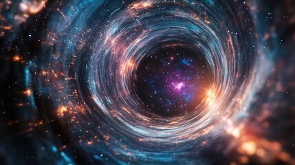 Poster - Wormhole opening in space, surrounded by bright cosmic lights and distant stars.