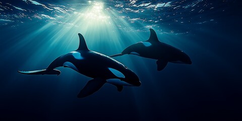 Two orca whales swimming gracefully in deep blue ocean