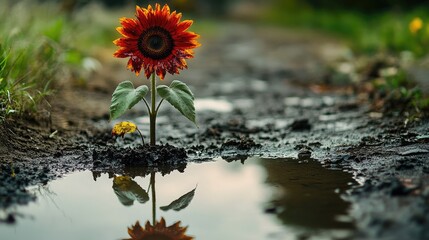 Canvas Print - A bloodstained sunflower stands tall above a puddle, its reflection in the water showing torn petals, symbolizing the fight to endure despite the pain