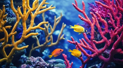 A close-up of colorful coral formations, with fish darting between the branches in a thriving underwater ecosystem.