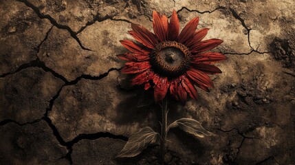 Sticker - A bloodstained sunflower with tattered petals, rooted in cracked soil, representing the strength to keep fighting despite the wounds.