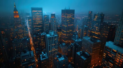 Sticker - A nighttime cityscape featuring illuminated skyscrapers and a bustling urban atmosphere.