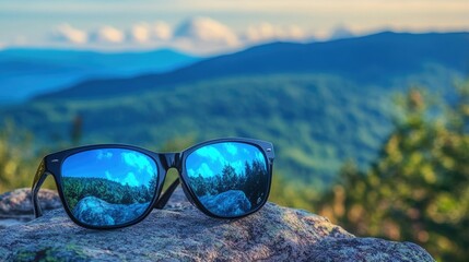 A close-up of polarized sunglasses with blue reflective lenses, sitting on a rock with a scenic mountain view behind.