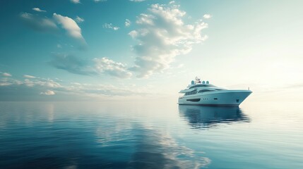 Wall Mural - A luxurious yacht gliding on a calm sea, with clear blue skies and serene waters, symbolizing opulence and relaxation in a serene ocean environment