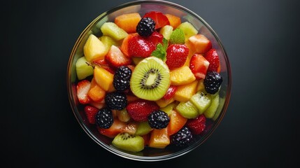 A vibrant bowl of mixed fresh fruits, showcasing colors and textures for a healthy snack.