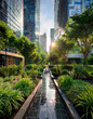 © anandart - The greenery showcases a sustainable urban design with rain gardens and permeable surfaces strategically placed for managing stormwater runoff
