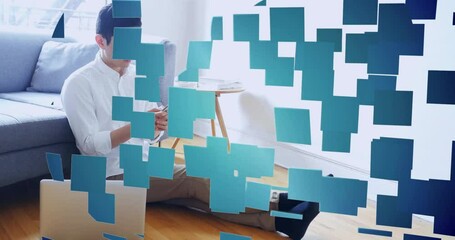 Poster - Animation of shapes moving over asian man using smartphone