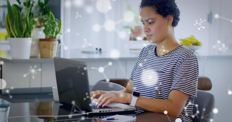 Poster - Animation of molecules over biracial woman using laptop