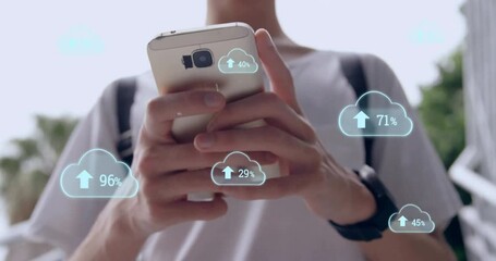 Poster - Animation of data processing and clouds over caucasian man using smartphone