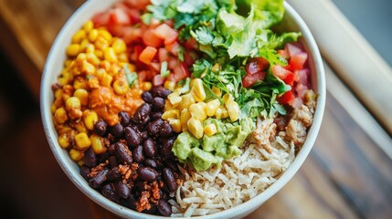 Wall Mural - A colorful bowl filled with rice, beans, corn, tomatoes, and guacamole, showcasing a healthy meal.