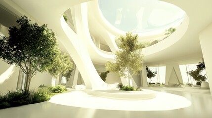 Wall Mural - Modern interior with curved walls, a skylight, and trees.