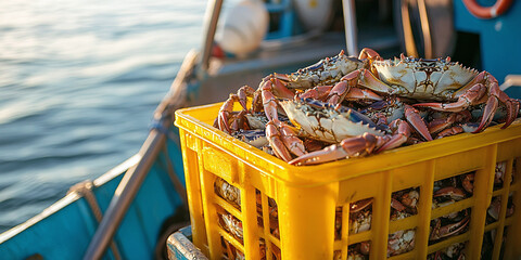 A yellow plastic crate full of crabs sits on the deck of an old-fashioned fishing boat in the harbor.