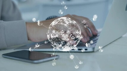Poster - Animation of people icons and globe over biracial businessman using laptop