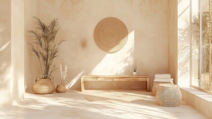 Wall Mural - Minimalist living room with a wooden bench, rattan furniture, and a wicker wall decor.