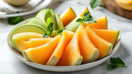 A plate filled with thin slices of cantaloupe and honeydew, offering a refreshing summer snack.