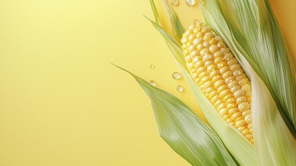 Close-up of a fresh corn cob with water droplets on a vibrant yellow background highlighting its natural beauty.