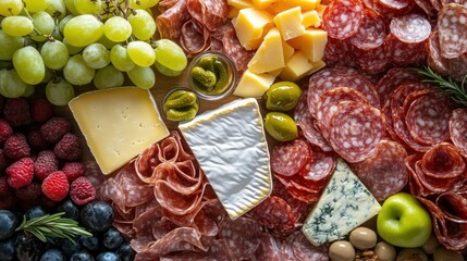 Wall Mural - A vibrant charcuterie board featuring meats, cheeses, fruits, and olives for sharing.