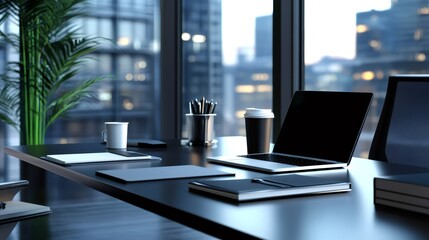 Wall Mural - Modern office workspace with a laptop, coffee cup, and notepad on a sleek black desk with a city view outside the window.