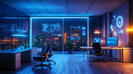 Modern office with two desks and chairs, a large window view of the city at night, and glowing neon geometric shapes.