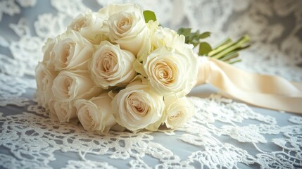 Wall Mural - A soft-focus shot of a bouquet of white roses on a lace-covered table, with a satin ribbon gently tying them together.