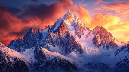 Majestic mountain range with snow-capped peaks against a dramatic sunset