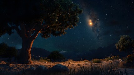 Wall Mural - night sky landscape with tree and milky way