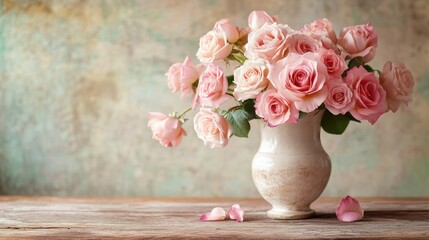 Wall Mural - A vintage vase filled with roses in soft pink hues, set on a wooden table, creating a charming and timeless scene.