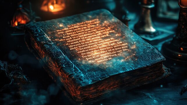 A witch's spellbook with glowing text, set in a dimly lit room, creating an aura of mystery and magic.