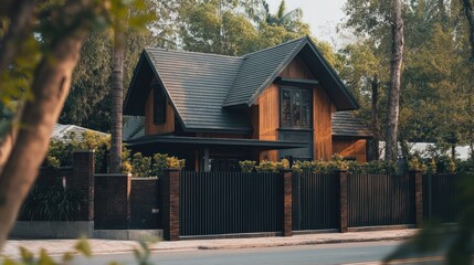 A modern, two-story house with a black roof, wooden siding, and a black metal fence in front, viewed from the street.