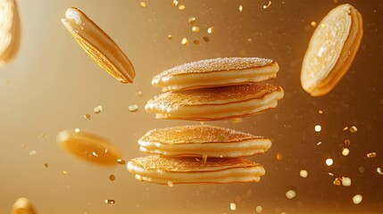 Pancakes falling from above, stacked and golden, mid-air capture, light and fluffy