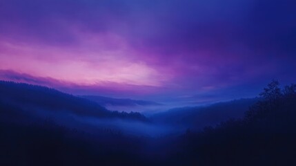 Wall Mural - As twilight descends, the sky is suffused with deep purple and indigo hues, creating an ethereal atmosphere over a quiet landscape.